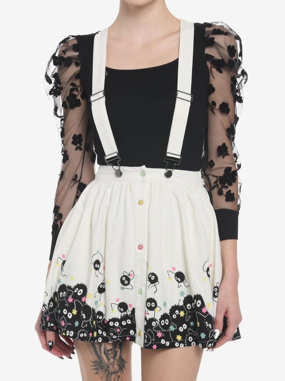 Her Universe White Suspender Skirt with Black Soot Sprite Print